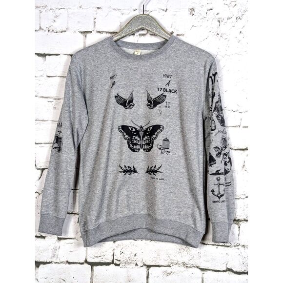 HARRY STYLES Tattoo Sweatshirt Fleece Pullover Gray Cotton Unisex Medium - Picture 2 of 7